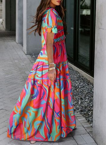 BLENCOT Women's Casual Boho Floral Printed Deep V Neck Dress in Kuwait