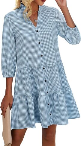 CCTOO Women's Summer Dresses Casual V Neck Button Down 3/4 Sleeve Floral Print Loose Flowy Shirt Dress in Kuwait