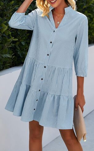 CCTOO Women's Summer Dresses Casual V Neck Button Down 3/4 Sleeve Floral Print Loose Flowy Shirt Dress in Kuwait
