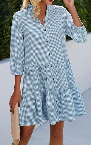 CCTOO Women's Summer Dresses Casual V Neck Button Down 3/4 Sleeve Floral Print Loose Flowy Shirt Dress in Kuwait