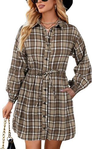 Blooming Jelly Womens Plaid Dress Flannel Puff Sleeve Dress Button Down Casual Dresses for Women 2023 with Pockets in Kuwait