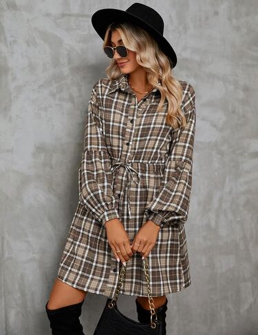 Blooming Jelly Womens Plaid Dress Flannel Puff Sleeve Dress Button Down Casual Dresses for Women 2023 with Pockets in Kuwait