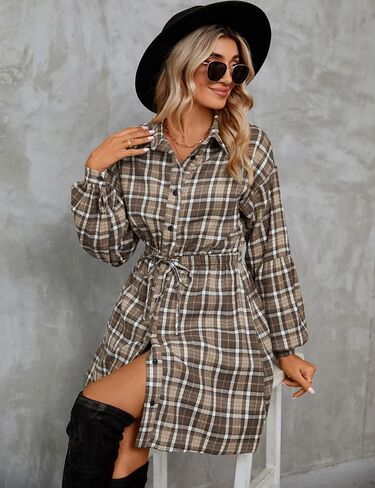 Blooming Jelly Womens Plaid Dress Flannel Puff Sleeve Dress Button Down Casual Dresses for Women 2023 with Pockets in Kuwait