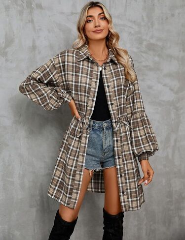 Blooming Jelly Womens Plaid Dress Flannel Puff Sleeve Dress Button Down Casual Dresses for Women 2023 with Pockets in Kuwait