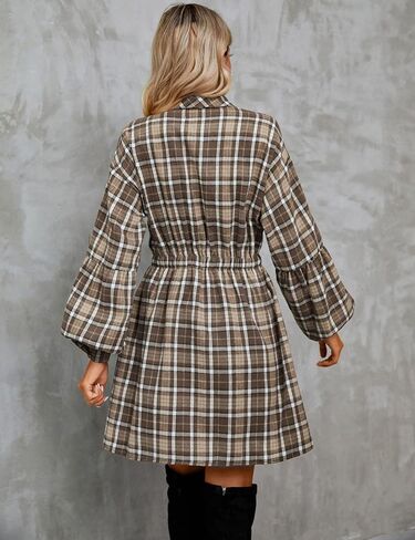 Blooming Jelly Womens Plaid Dress Flannel Puff Sleeve Dress Button Down Casual Dresses for Women 2023 with Pockets in Kuwait