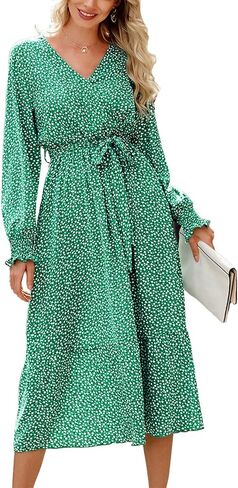 PRETTYGARDEN Women's Floral Print Boho Dress Long Sleeve Wrap V Neck Ruffle Belted A-Line Flowy Maxi Dresses in Kuwait