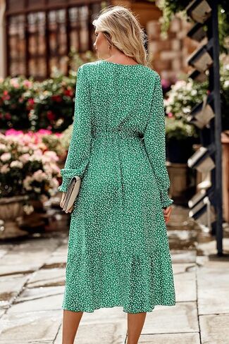PRETTYGARDEN Women's Floral Print Boho Dress Long Sleeve Wrap V Neck Ruffle Belted A-Line Flowy Maxi Dresses in Kuwait