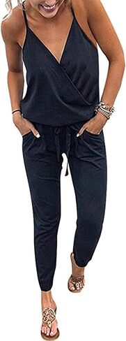 PRETTYGARDEN Women's Summer Casual Jumpsuits Wrap V Neck Sleeveless One Piece Pants Romper with Pockets in Kuwait