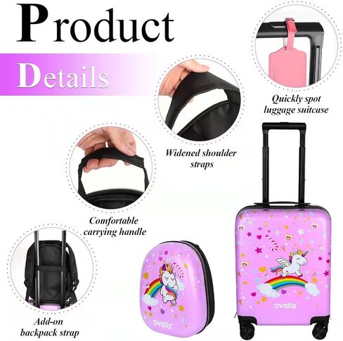ovatis Kid Luggage Case and Backpack with Luggage Tag 18 Inch Suitcase and 13 Inch Backpack Suitcase for Girls (Pink, Unicorn) in Saudi Arabia