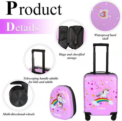 ovatis Kid Luggage Case and Backpack with Luggage Tag 18 Inch Suitcase and 13 Inch Backpack Suitcase for Girls (Pink, Unicorn) in Saudi Arabia