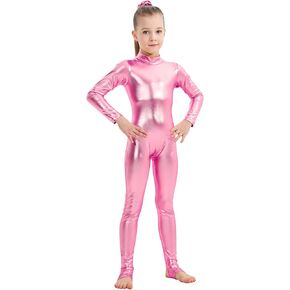 YgneeDom Girls Shiny Metallic Long Sleeve Unitard Spandex One Piece Wet Look Kid Bodysuit