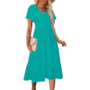 MEROKEETY Womens Summer Casual V Neck Ruffle Sleeve Smocked High Waist Midi Dress with Pockets