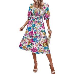 PRETTYGARDEN Women's Summer Casual Midi Dress Spring Puff Sleeve Square Neck A-line Flowy Boho Floral Smocked Dresses
