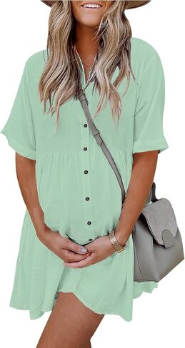 PYGFEMR Women's Short Sleeve Babydoll Dress Button Down Dresses with Pockets in Saudi Arabia