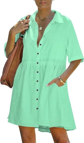 PYGFEMR Women's Short Sleeve Babydoll Dress Button Down Dresses with Pockets in Saudi Arabia