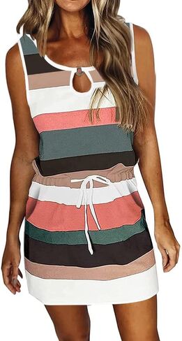 Womens Summer Causal Loose Sleeveless Crew Neck Drawstring Waist Mini Short Dress with Pockets in Saudi Arabia