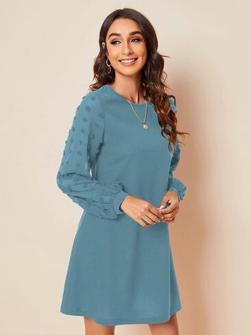 SweatyRocks Women's Elegant Mesh Contrast Long Sleeve A Line Mini Short Dress in Kuwait