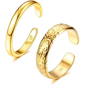 HAIAISO 14k Gold Filled Floral Engraving Toe Rings for Women Open Adjustable Flower Toe Ring for Gift Summer Foot Jewelry