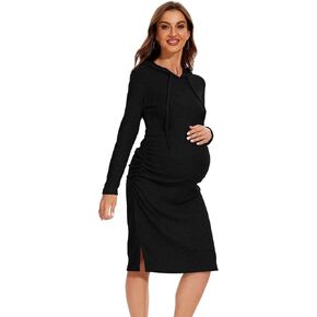 WOOXIO Women's Knit Split Maternity Dress Long Sleeve Ruched Pregnancy Clothes Hoodie Dress in Kuwait