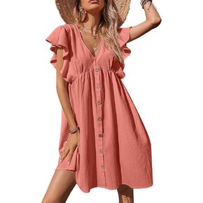 KOJOOIN Women's Ruffle Babydoll Dress Long/Short Sleeve V Neck High Waist Botton Casual Loose Flowy Swing Pleated Tunic Dress