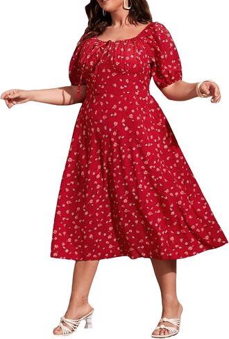 Floerns Women's Plus Size Floral Print Tie Front Square Neck Slit Hem Midi Dress in Kuwait