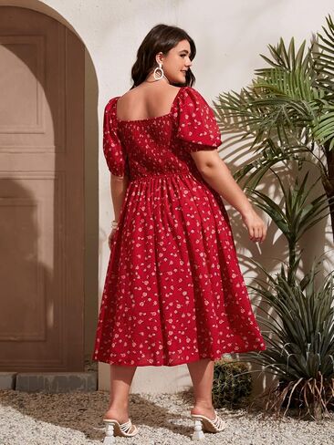 Floerns Women's Plus Size Floral Print Tie Front Square Neck Slit Hem Midi Dress in Kuwait