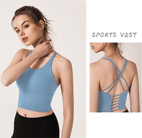 Redqenting Longline Sports Bra for Women with Removable Padded,Sexy Criss Cross Back Strappy Yoga Bras Workout Tank Tops in Kuwait
