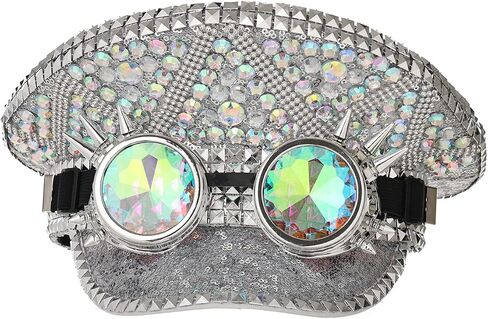 COSDREAMER Women's Burning Man Sequin Hat Festival Military Captain Hats with Goggles (Silver colorful) in Kuwait