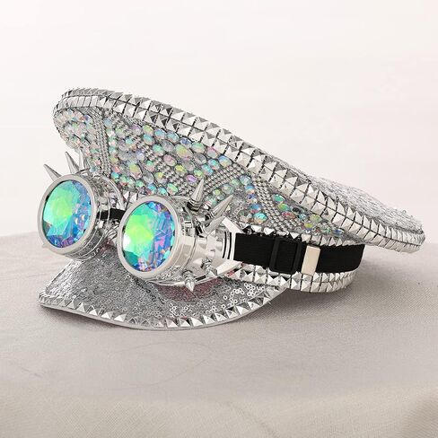 COSDREAMER Women's Burning Man Sequin Hat Festival Military Captain Hats with Goggles (Silver colorful) in Kuwait