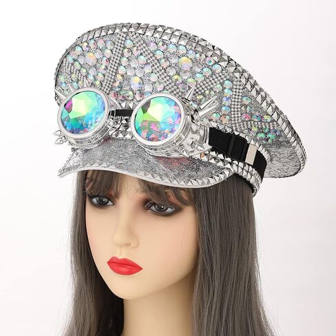 COSDREAMER Women's Burning Man Sequin Hat Festival Military Captain Hats with Goggles (Silver colorful) in Kuwait