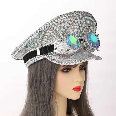 COSDREAMER Women's Burning Man Sequin Hat Festival Military Captain Hats with Goggles (Silver colorful) in Kuwait