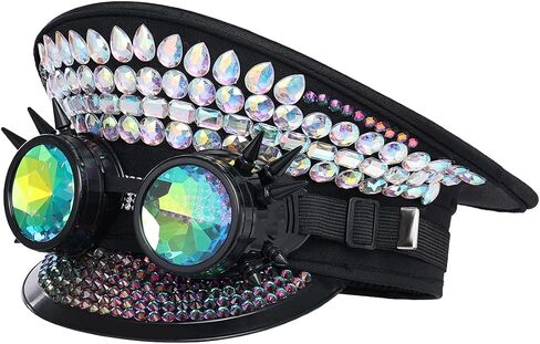 COSDREAMER Women's Burning Man Sequin Hat Festival Military Captain Hats with Goggles (Silver colorful) in Kuwait