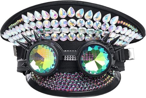 COSDREAMER Women's Burning Man Sequin Hat Festival Military Captain Hats with Goggles (Silver colorful) in Kuwait