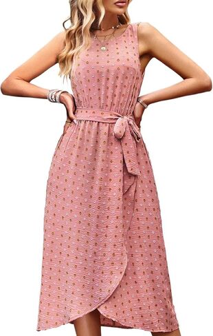 Falechay Summer Dresses for Women 2024 Belted Sleeveless Split Midi Dress Casual Crew Neck Boho Sundress with Pockets in Saudi Arabia