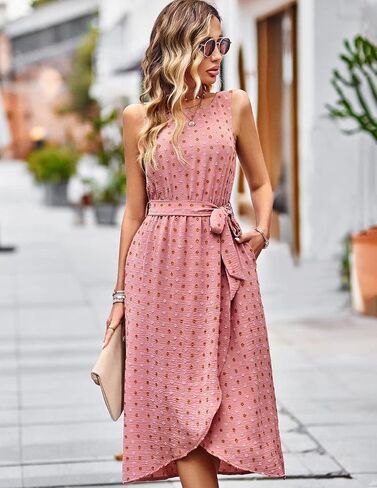 Falechay Summer Dresses for Women 2024 Belted Sleeveless Split Midi Dress Casual Crew Neck Boho Sundress with Pockets in Saudi Arabia