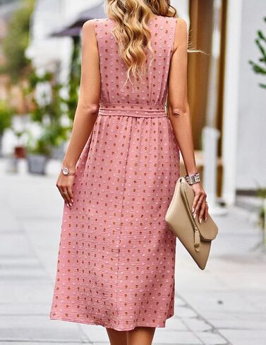 Falechay Summer Dresses for Women 2024 Belted Sleeveless Split Midi Dress Casual Crew Neck Boho Sundress with Pockets in Saudi Arabia