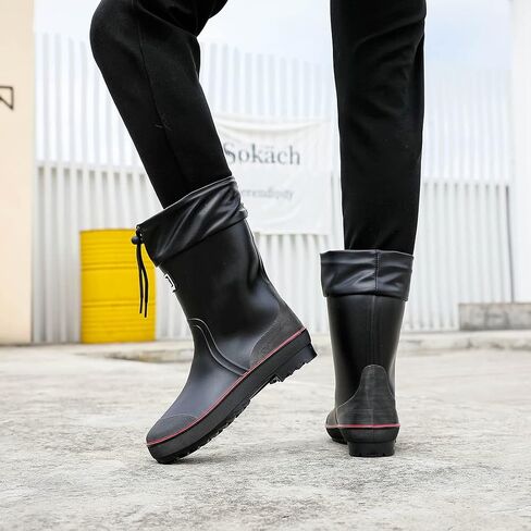 Rain Boots for Men, Waterproof PVC Rubber Boots Mens Garden Boots, Comfort Mid-Calf Lightweight Adjustable Raining Shoes, Elastic Chelsea Ankle Rain Boots Fishing Shoes for Yard Farm Outdoor Work in Kuwait