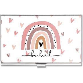 Business Card Holder Case for Women Men Metal Pink Rainbow Be Kind Boho Slim Pocket Business Card Purse Cute Gifts for Realtors Real Estate Agents