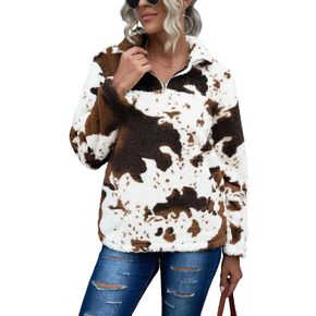 EARKOHA Womens Plus Size Long Sleeve Casual Zip Collar Cow Print Fleece jacket Tops