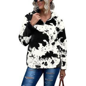 EARKOHA Womens Plus Size Long Sleeve Casual Zip Collar Cow Print Fleece jacket Tops in Saudi Arabia