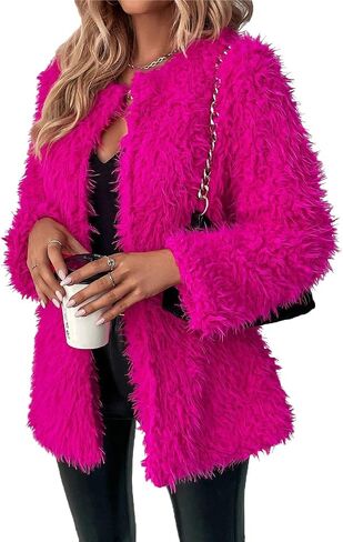 RED DOT BOUTIQUE 690 - Plus Size Open Front Statement Waterfall Collar Long Sleeves Fuzzy Coat Jacket Hot Pink Fuchsia in Saudi Arabia