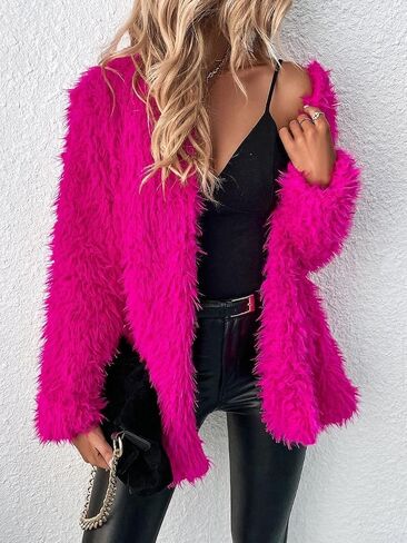 RED DOT BOUTIQUE 690 - Plus Size Open Front Statement Waterfall Collar Long Sleeves Fuzzy Coat Jacket Hot Pink Fuchsia in Saudi Arabia