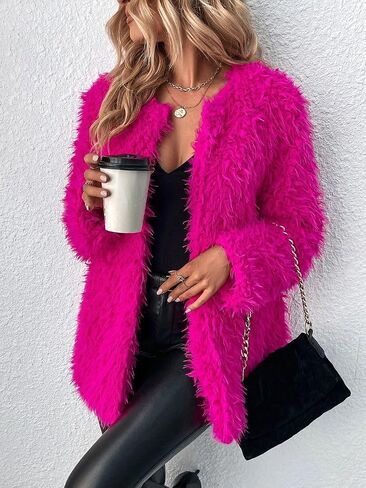 RED DOT BOUTIQUE 690 - Plus Size Open Front Statement Waterfall Collar Long Sleeves Fuzzy Coat Jacket Hot Pink Fuchsia in Saudi Arabia