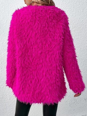 RED DOT BOUTIQUE 690 - Plus Size Open Front Statement Waterfall Collar Long Sleeves Fuzzy Coat Jacket Hot Pink Fuchsia in Saudi Arabia