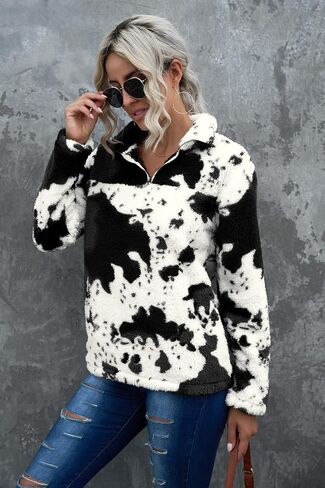 EARKOHA Womens Plus Size Long Sleeve Casual Zip Collar Cow Print Fleece jacket Tops in Saudi Arabia
