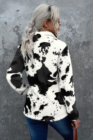 EARKOHA Womens Plus Size Long Sleeve Casual Zip Collar Cow Print Fleece jacket Tops in Saudi Arabia