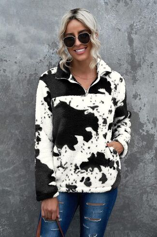 EARKOHA Womens Plus Size Long Sleeve Casual Zip Collar Cow Print Fleece jacket Tops in Saudi Arabia