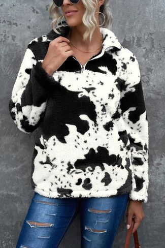 EARKOHA Womens Plus Size Long Sleeve Casual Zip Collar Cow Print Fleece jacket Tops in Saudi Arabia