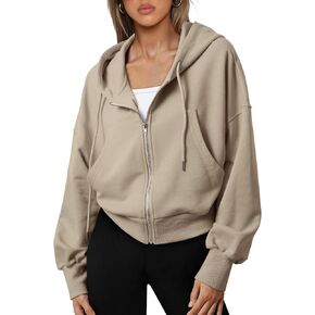 Trendy Queen Hoodies for Women Full Zip Up Cropped Sweatshirts Casual Hooded Pullover Sweaters Tops Fall Winter Clothes 2023