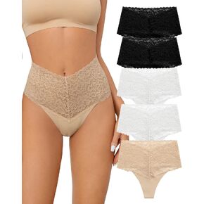 SHARICCA Women Seamless High Waist Underwear Sexy Floral Lace Thong Soft Comfortable Panties Pack